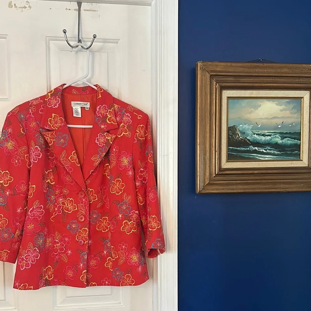 Women’s Coldwater Creek Red Floral Embroidered 3/4 sleeves Blazer Size Medium
